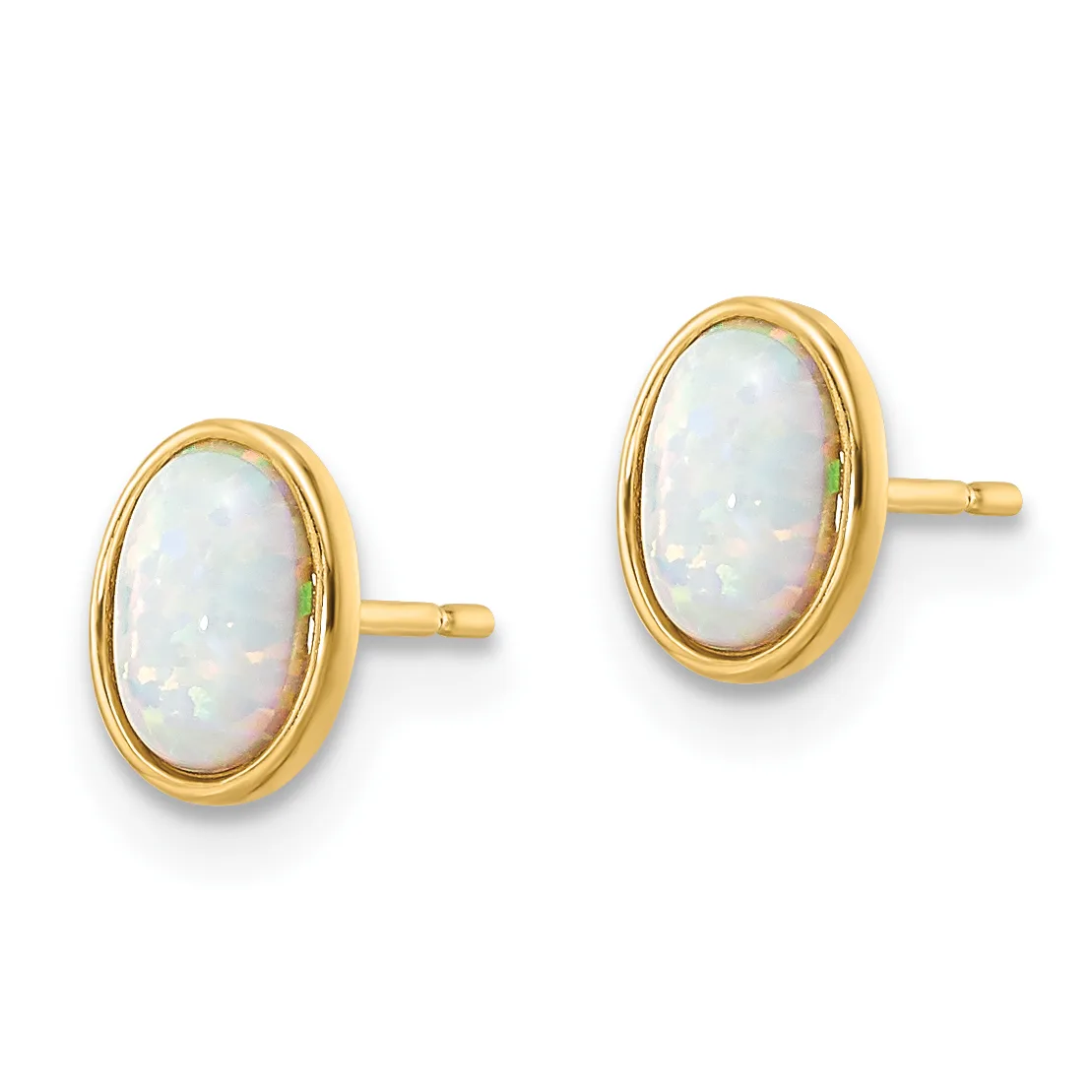 A pair of oval opal stud earrings set in yellow gold with beaded bezels and matching posts against a white background.
