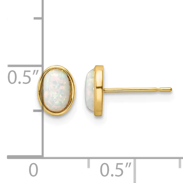 Pair of oval opal stud earrings with gold bezels and posts, shown front and side view against a measurement scale.