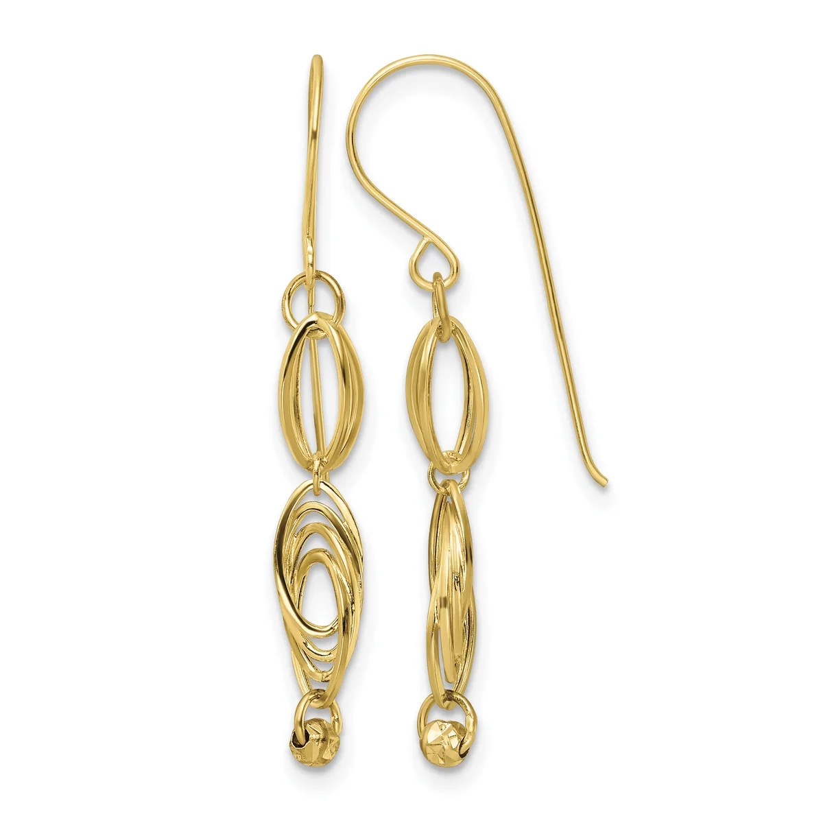 Pair of gold drop earrings with oval-shaped openwork designs and small spherical terminals, suspended from fish hook ear wires.