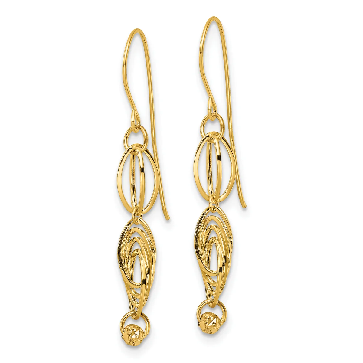 Pair of gold dangle earrings with elongated oval wireframe designs and small textured pendants at the bottom, shown against a white background.