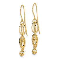 Pair of gold dangle earrings with elongated oval wireframe designs and small textured pendants at the bottom, shown against a white background.