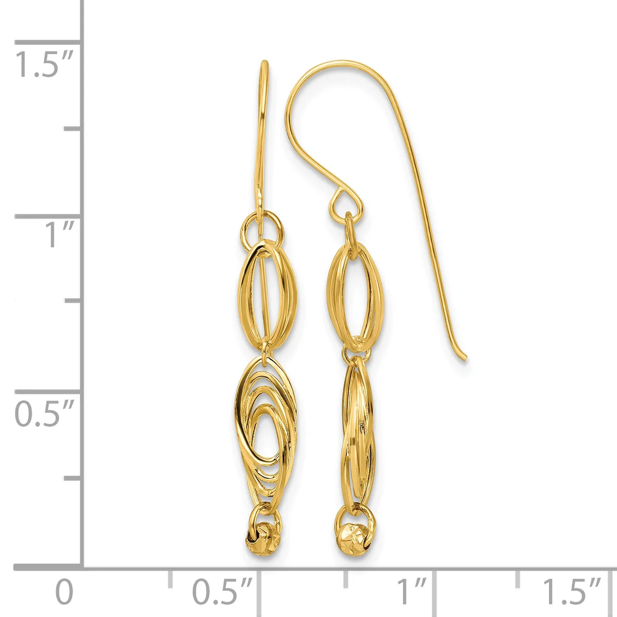 Pair of gold-colored drop earrings with oval-shaped links and textured details, displayed next to a measurement scale showing approximately 1.5 inches in length.