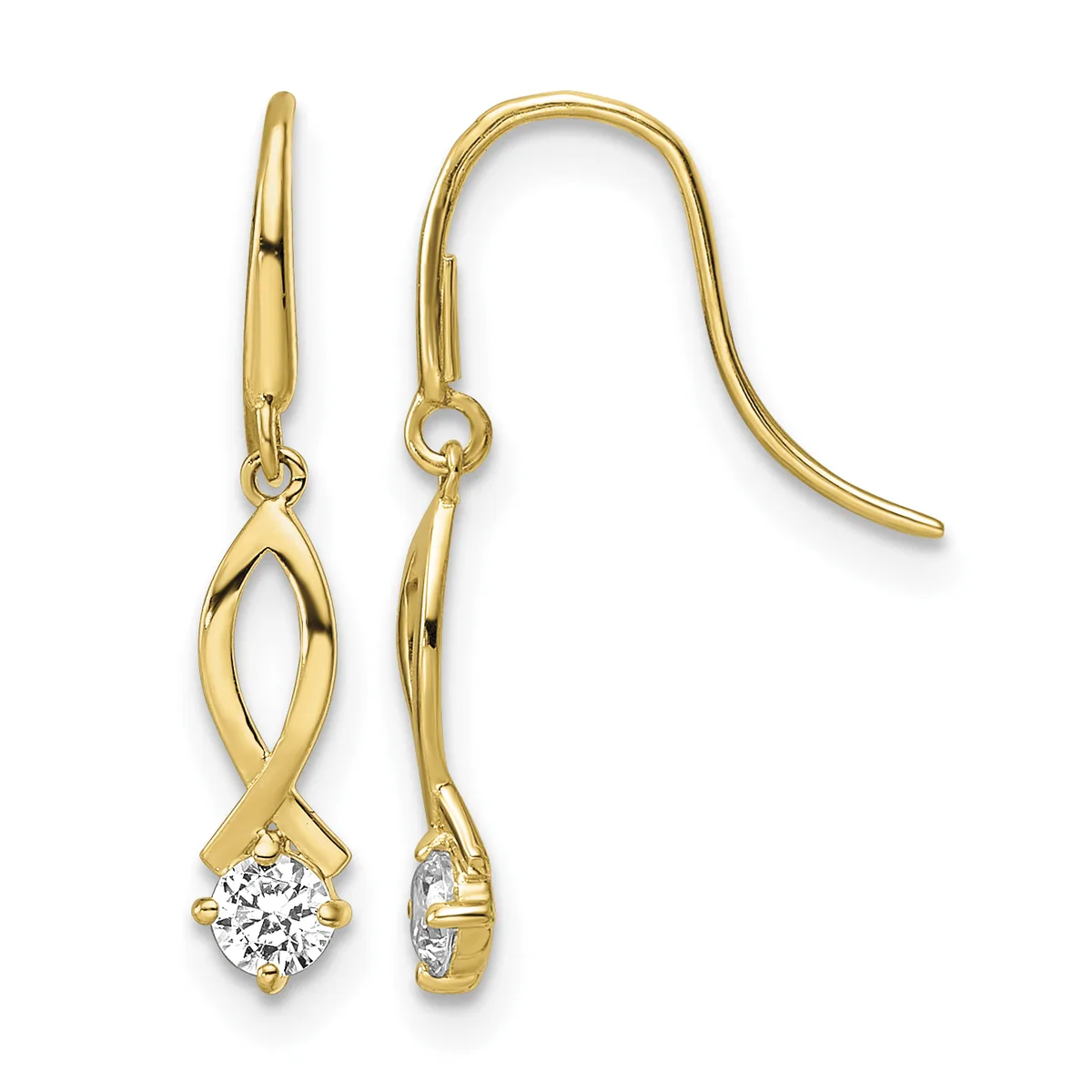 Pair of gold fish-shaped drop earrings with round cubic zirconia stones, shown from front and side views on a white background.