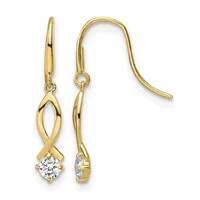 Pair of gold fish-shaped drop earrings with round cubic zirconia stones, shown from front and side views on a white background.