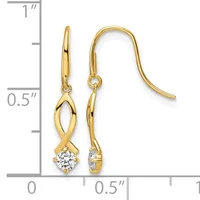 Gold drop earrings with cubic zirconia stones, featuring twisted metal loops above the stones and matching curved hook closures, displayed against a measurement scale.