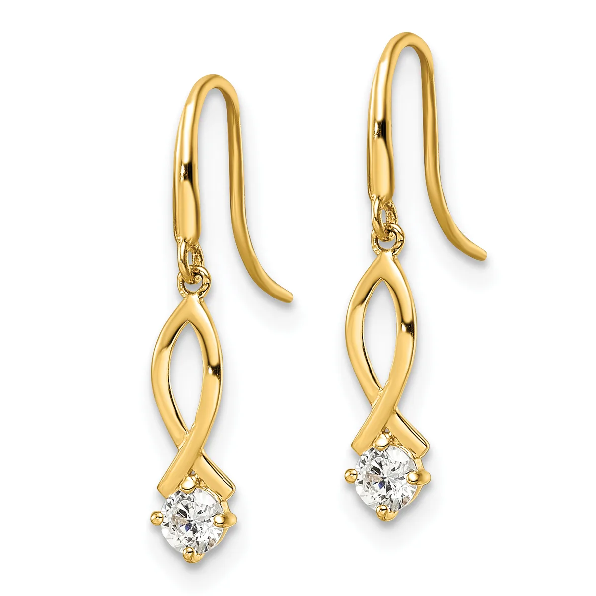 Pair of gold fish hook earrings with twisted oval tops and diamond solitaire drops, shown from the front.