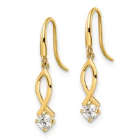 Pair of gold fish hook earrings with twisted oval tops and diamond solitaire drops, shown from the front.