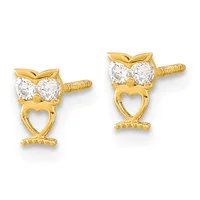 Pair of gold owl-shaped stud earrings with round cubic zirconia stones set in the eyes and screw-back posts.