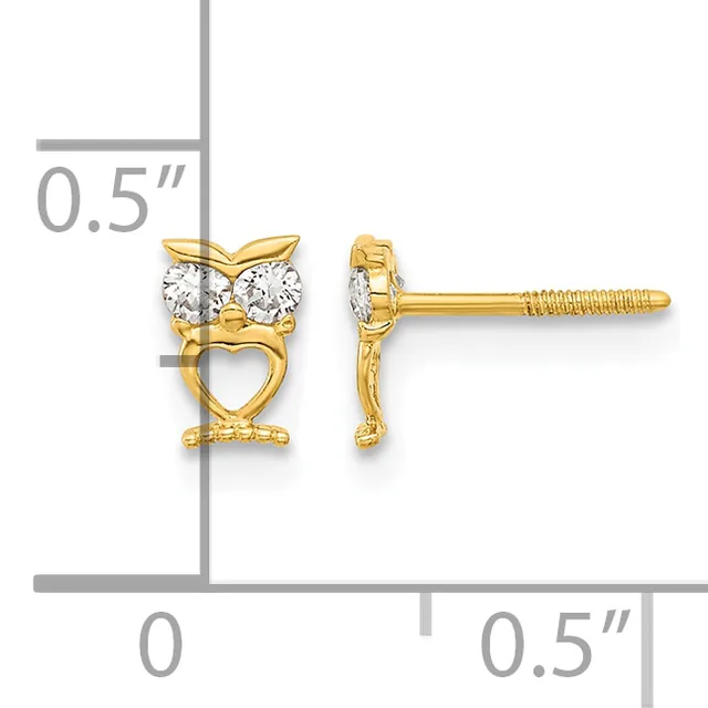 Gold owl stud earrings with round cubic zirconia eyes, shown from front and side views with a measurement scale indicating 0.5 inches in height.