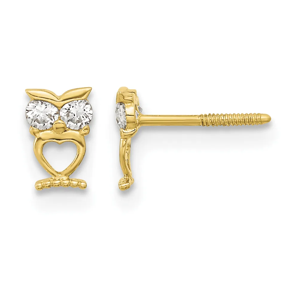 Pair of gold owl stud earrings with round cubic zirconia stones and open heart cutouts, shown from front and side views.