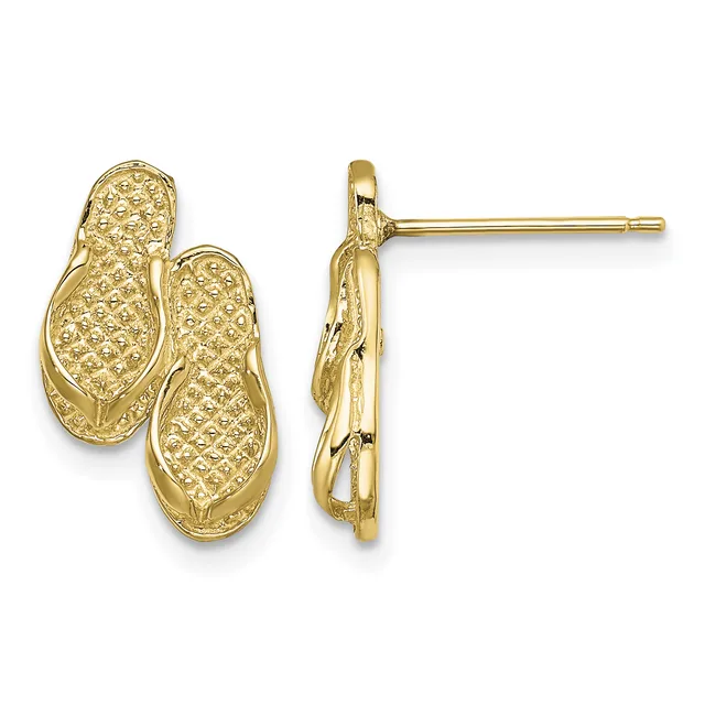 Pair of gold textured oval hoop earrings shown from front and side view with post and backing closures.