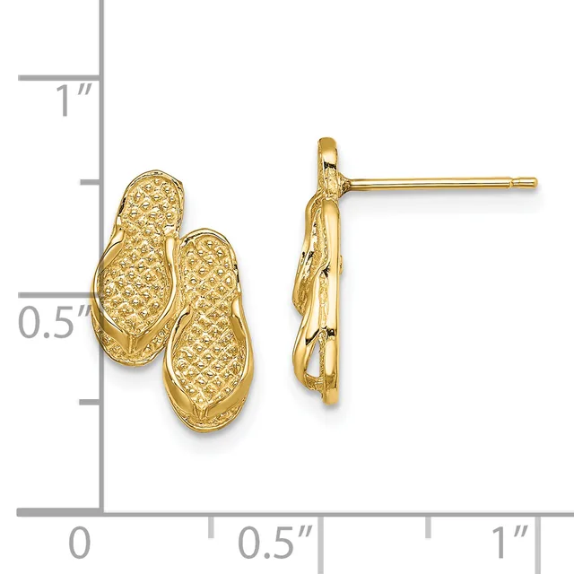 Pair of textured gold peanut-shaped stud earrings with posts, shown front and side view against a measurement scale.