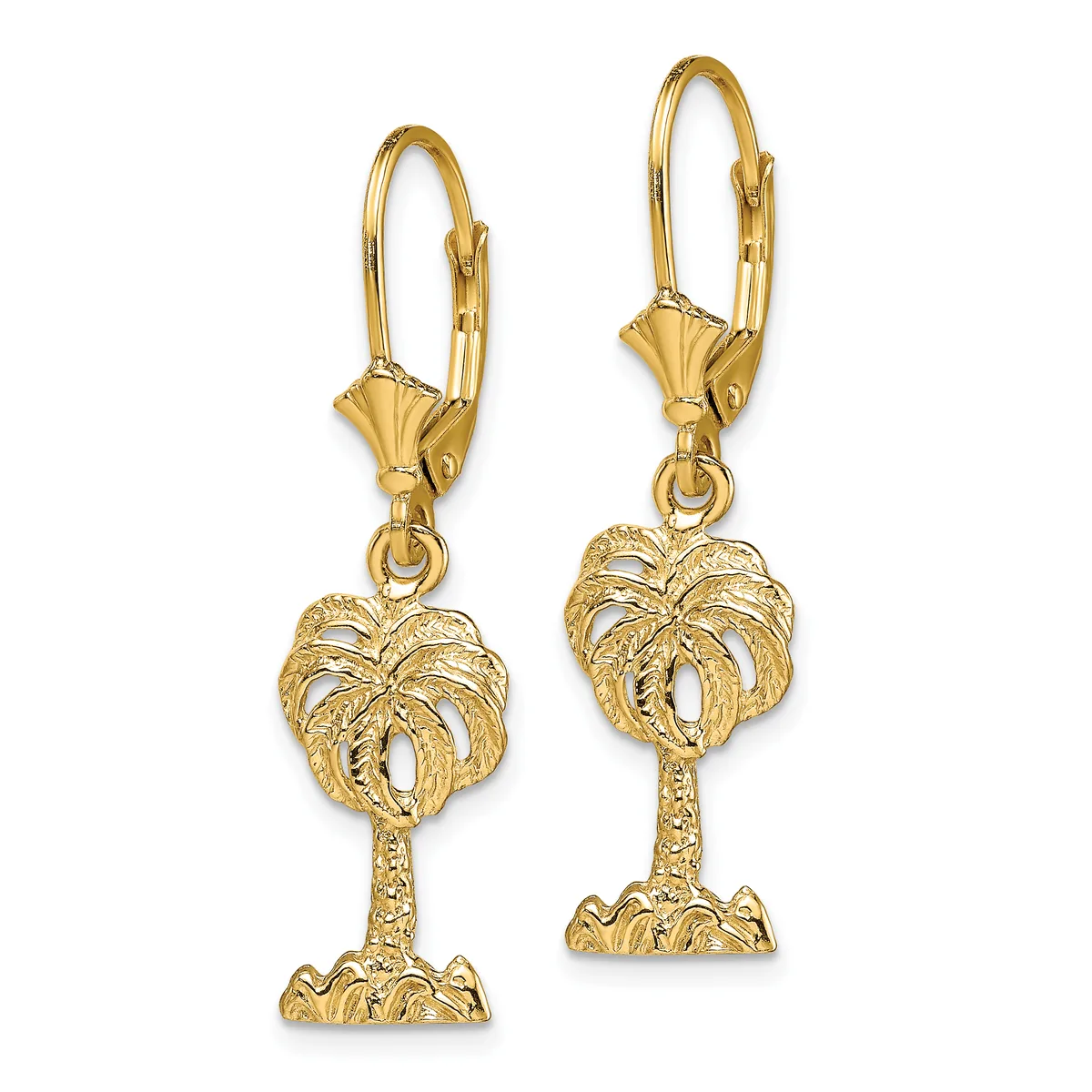 A pair of gold palm tree dangle earrings with textured fronds and trunks, suspended from lever-back closures.