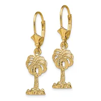 A pair of gold palm tree dangle earrings with textured fronds and trunks, suspended from lever-back closures.