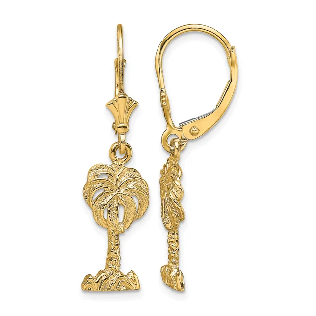 Pair of gold-colored lever-back earrings featuring palm tree charms with textured trunks and detailed frond tops.