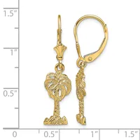 Pair of gold-toned palm tree drop earrings with leverback closures, displayed against a measurement scale showing approximately 1.25 inches in length.