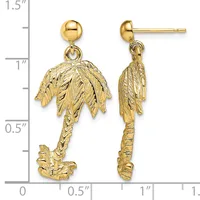 Pair of gold palm tree dangle earrings with textured trunks and frond details, shown front and back view against a measurement scale.