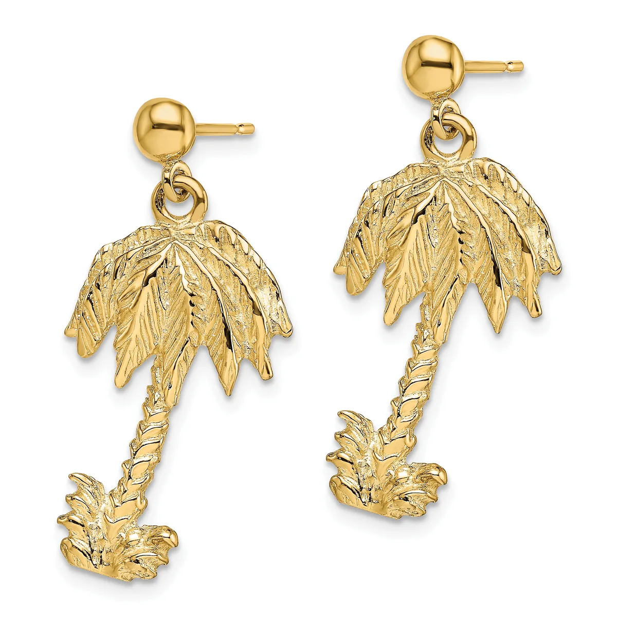 Pair of gold-toned dangle earrings featuring palm tree designs with textured leaves and stems, suspended from ball studs.
