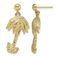 Pair of gold palm tree dangle earrings with ball studs, shown from front and side views.