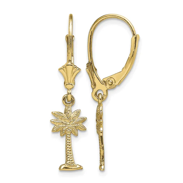 A pair of gold lever-back earrings, each featuring a decorative palm tree charm suspended from an ornamental cap.