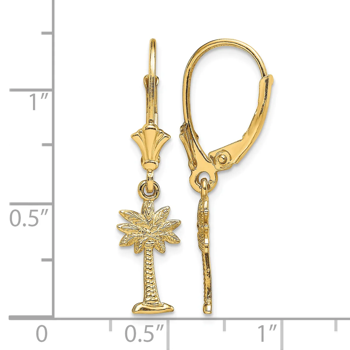 Pair of gold-toned lever-back earrings with palm tree charms, displayed next to a measurement scale showing approximately one inch in length.