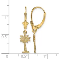 Pair of gold-toned lever-back earrings with palm tree charms, displayed next to a measurement scale showing approximately one inch in length.