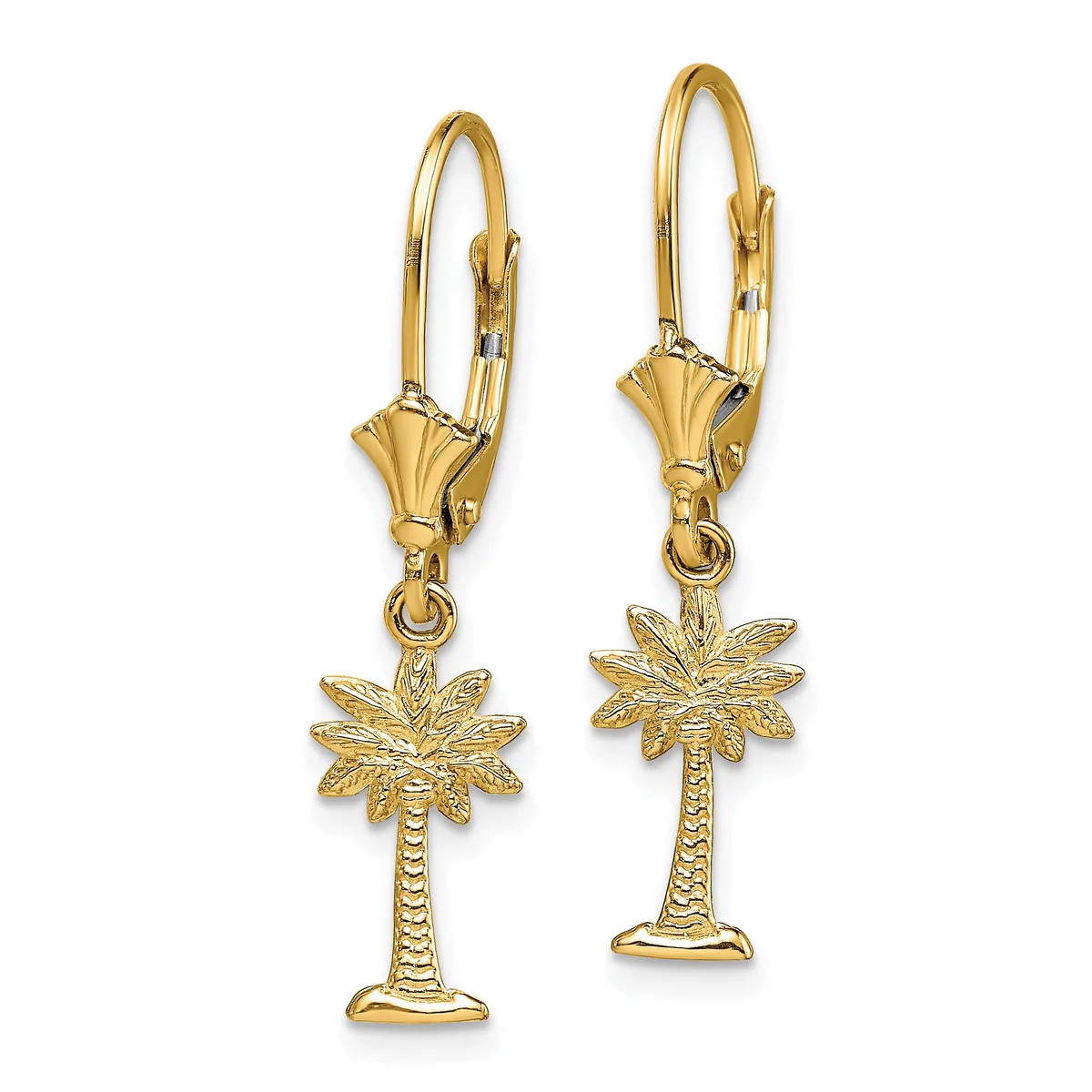 Pair of gold-toned leverback earrings featuring palm tree charms with textured trunks and detailed frond tops.