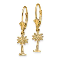 Pair of gold-toned leverback earrings featuring palm tree charms with textured trunks and detailed frond tops.