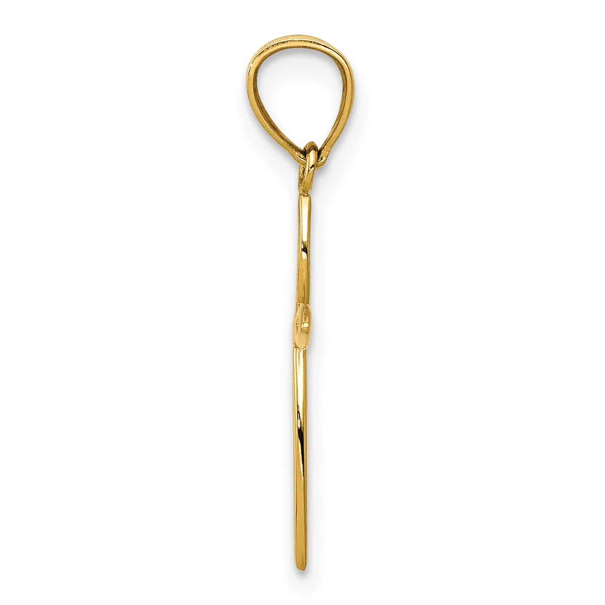 A gold-toned metal loop pendant with a long thin stem, shown against a white background.