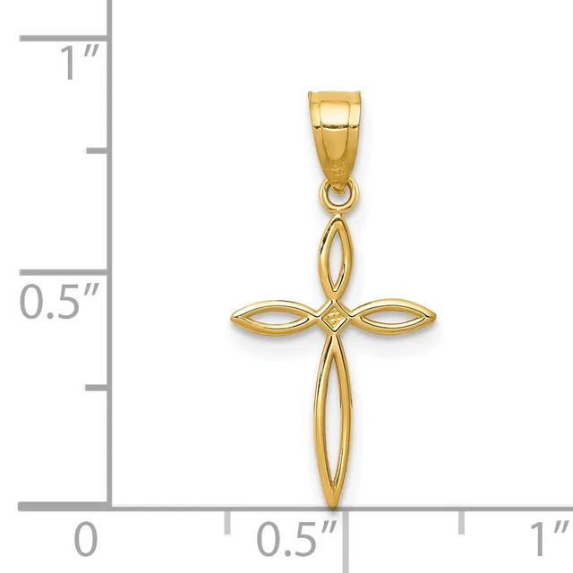 Gold cross pendant with hollow oval-shaped arms, shown next to a ruler indicating approximately one inch in height.