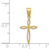 Gold cross pendant with hollow oval-shaped arms, shown next to a ruler indicating approximately one inch in height.