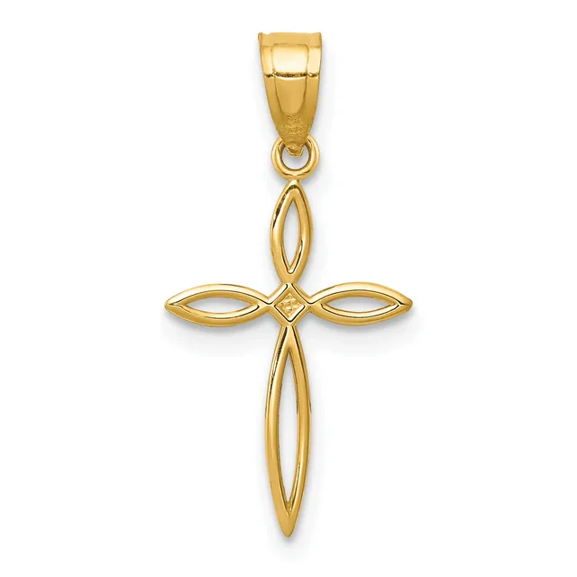 A gold cross pendant with hollow oval-shaped sections forming the arms and shaft, attached to a rectangular bail at the top.