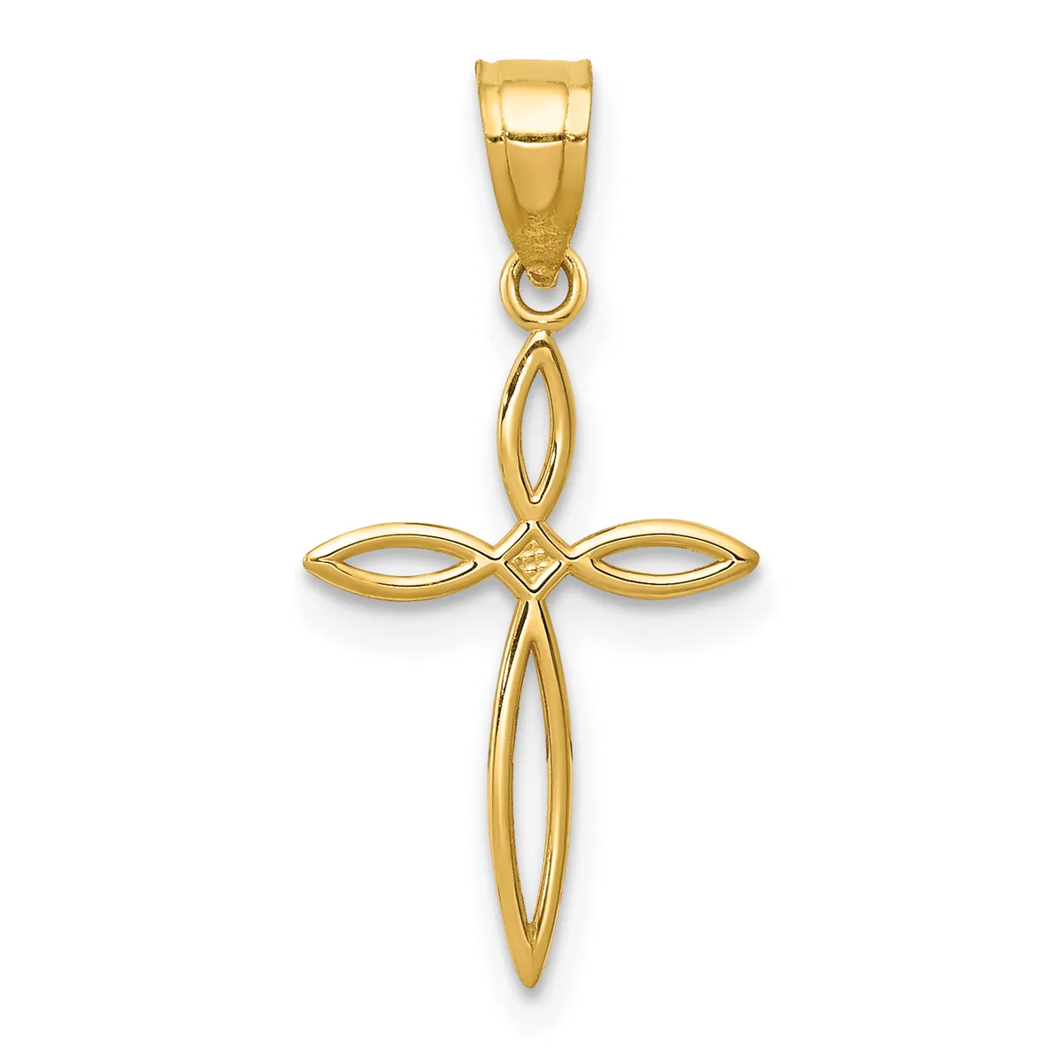 A gold cross pendant with hollow oval-shaped sections forming the arms and shaft, attached to a rectangular bail at the top.