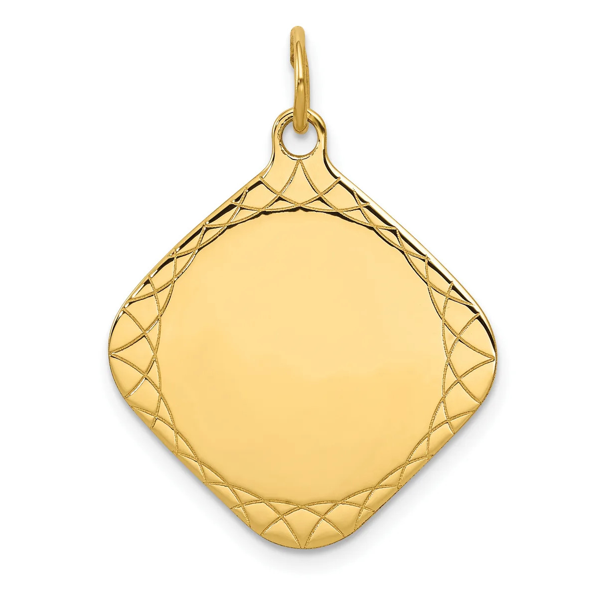 A gold diamond-shaped pendant with a polished center and crosshatched textured border, suspended from a thin bail loop.