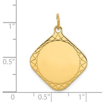Gold pendant with a polished square face surrounded by a textured quilted border and a bail loop at the top, shown next to a measurement scale.