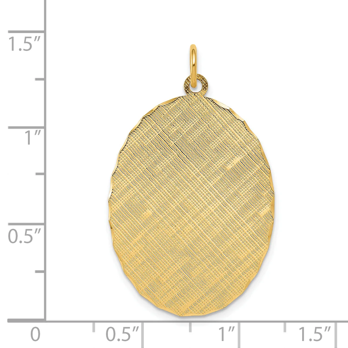Gold-colored oval pendant with textured crosshatch surface and small loop at top, shown next to ruler indicating approximately one inch wide by one and one-quarter inches tall.