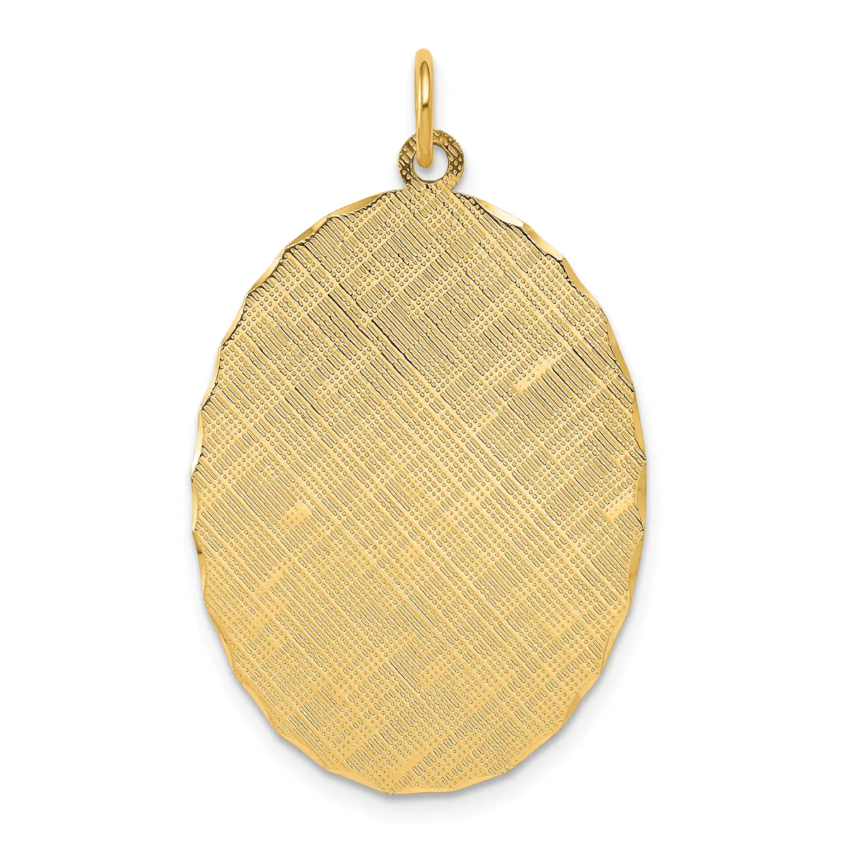 A polished gold oval pendant with a textured crosshatch surface pattern and a small loop attachment at the top.