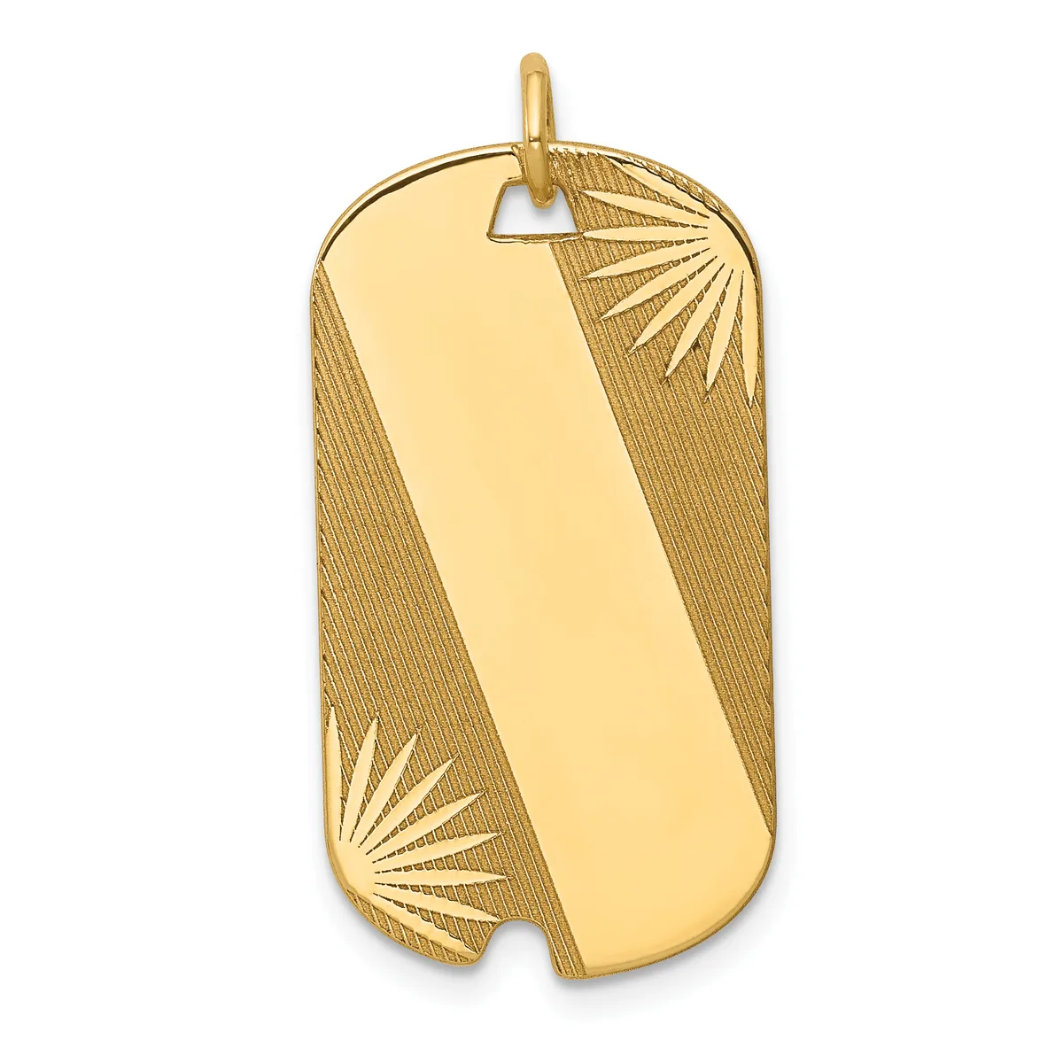 A polished gold rectangular dog tag pendant with textured fan-pattern designs on the upper and lower corners, shown suspended from a small loop.