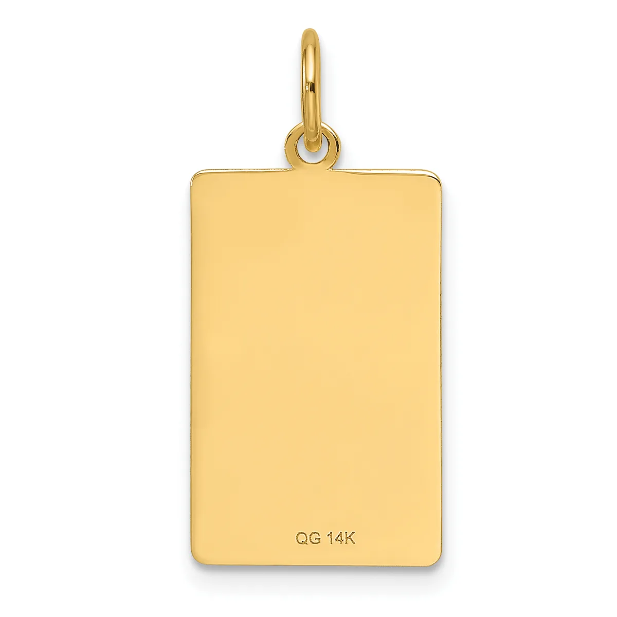A plain rectangular gold pendant with rounded corners and a loop bail at the top, shown against a white background.