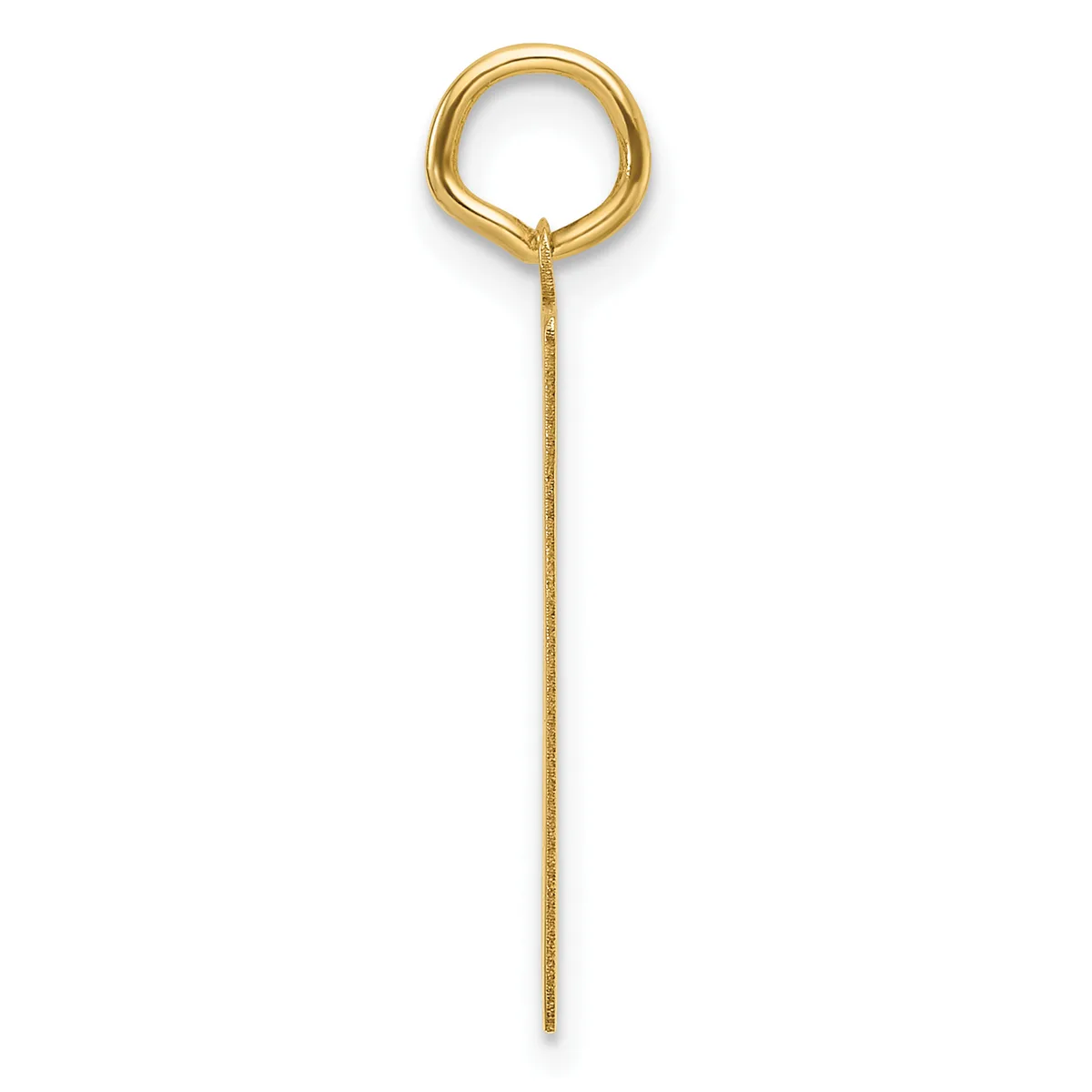 A gold-toned metal lariat pendant consisting of a rounded loop at the top connected to a long thin chain that hangs below it.