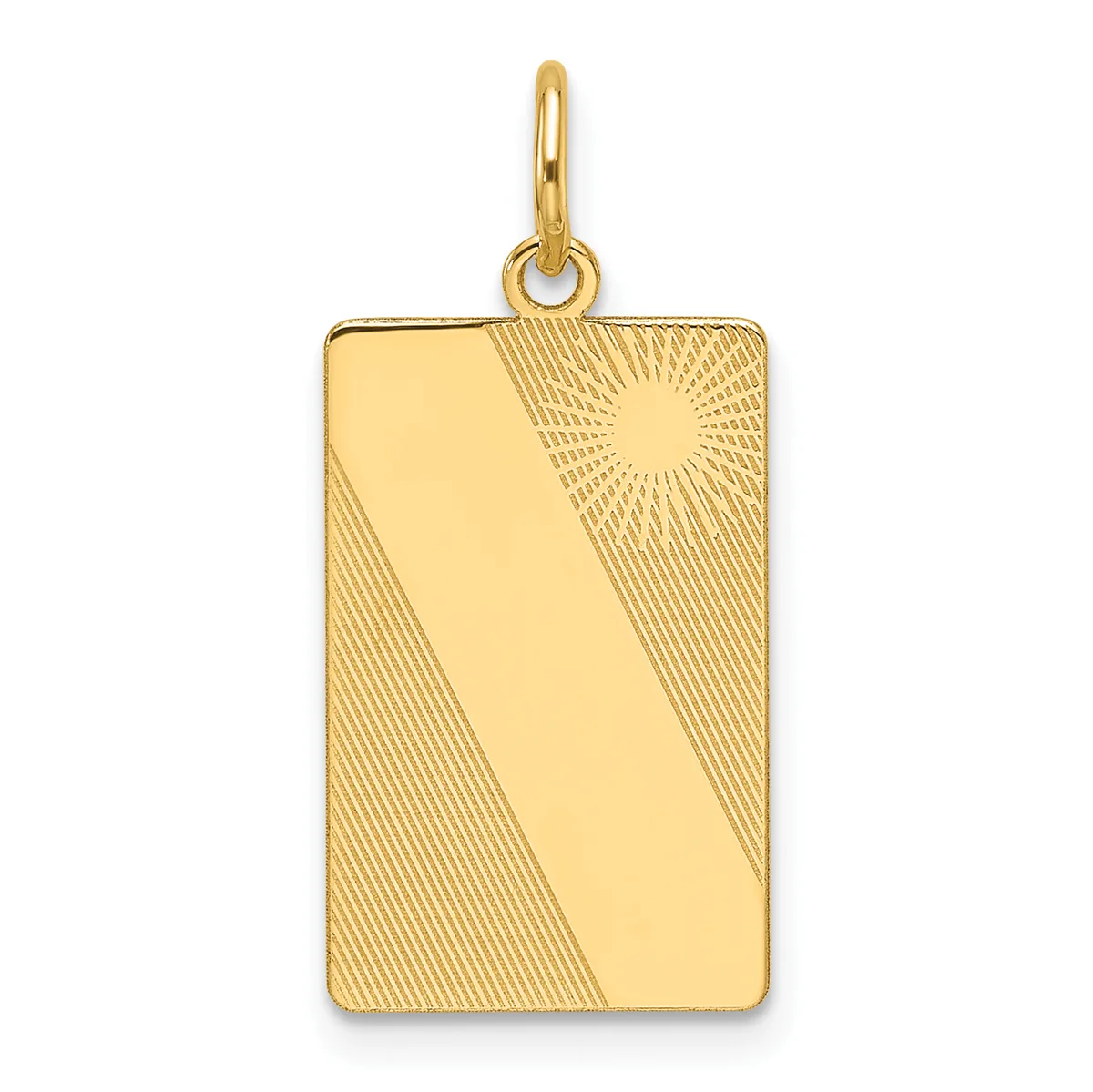 A rectangular gold pendant with a polished left half and a textured right half featuring diagonal line patterns and a small sun design in the upper corner, suspended from a gold bail.