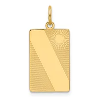 A rectangular gold pendant with a polished left half and a textured right half featuring diagonal line patterns and a small sun design in the upper corner, suspended from a gold bail.
