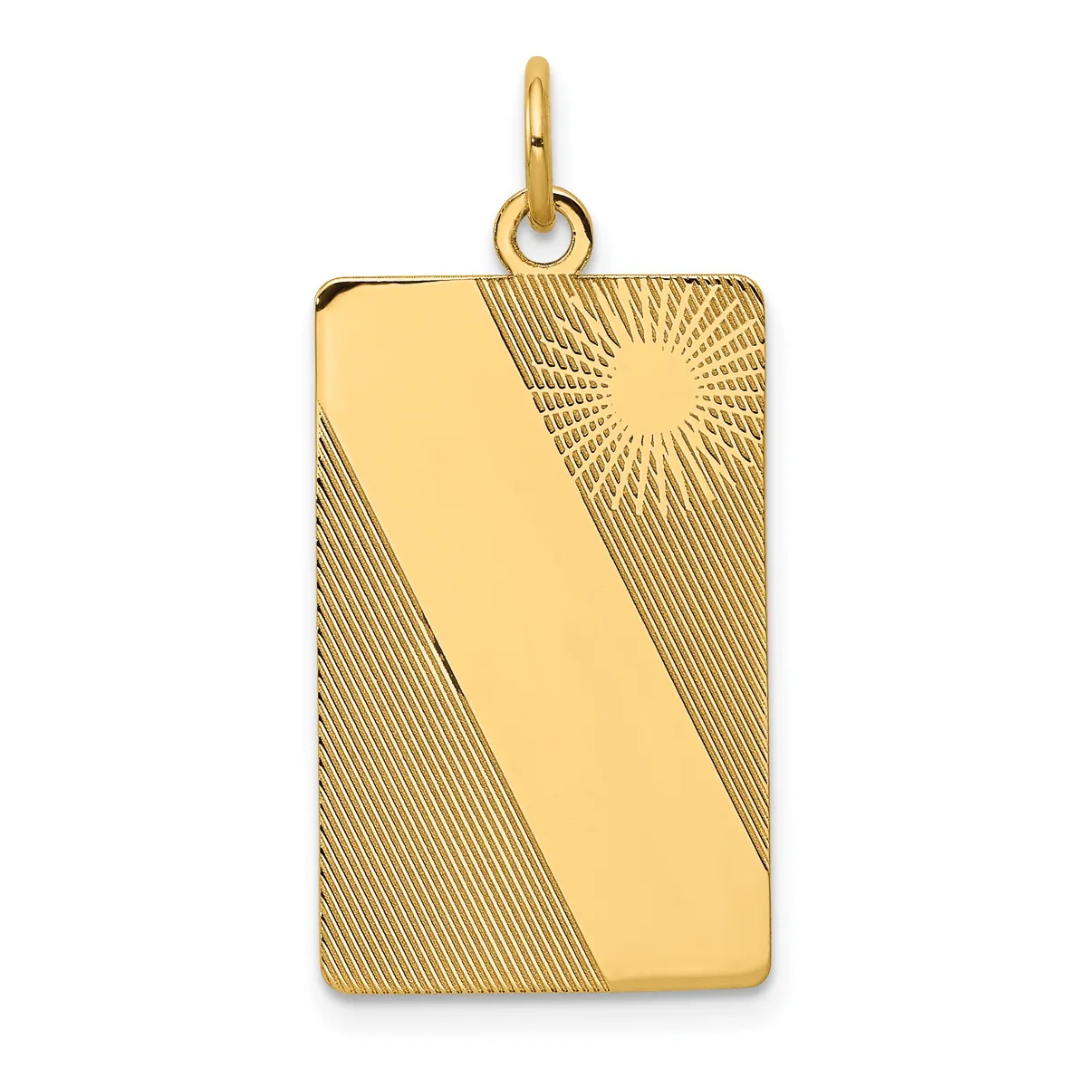 Rectangular gold pendant with polished and textured surface featuring diagonal lines and a sunburst design, suspended from a gold loop bail.