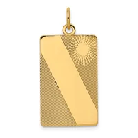 Rectangular gold pendant with polished and textured surface featuring diagonal lines and a sunburst design, suspended from a gold loop bail.