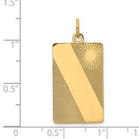Gold rectangular pendant with textured diagonal lines on left and right sides and smooth polished center, displayed against a measurement scale showing approximately one inch in width and one and a quarter inches in height.
