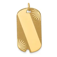 A polished gold rectangular dog tag pendant with textured fan designs in the upper right and lower left corners, shown hanging from a small bail loop.