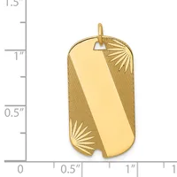 Gold dog tag pendant with polished center stripe and textured sunburst pattern on sides, shown next to ruler indicating approximately 1.25 inches tall.