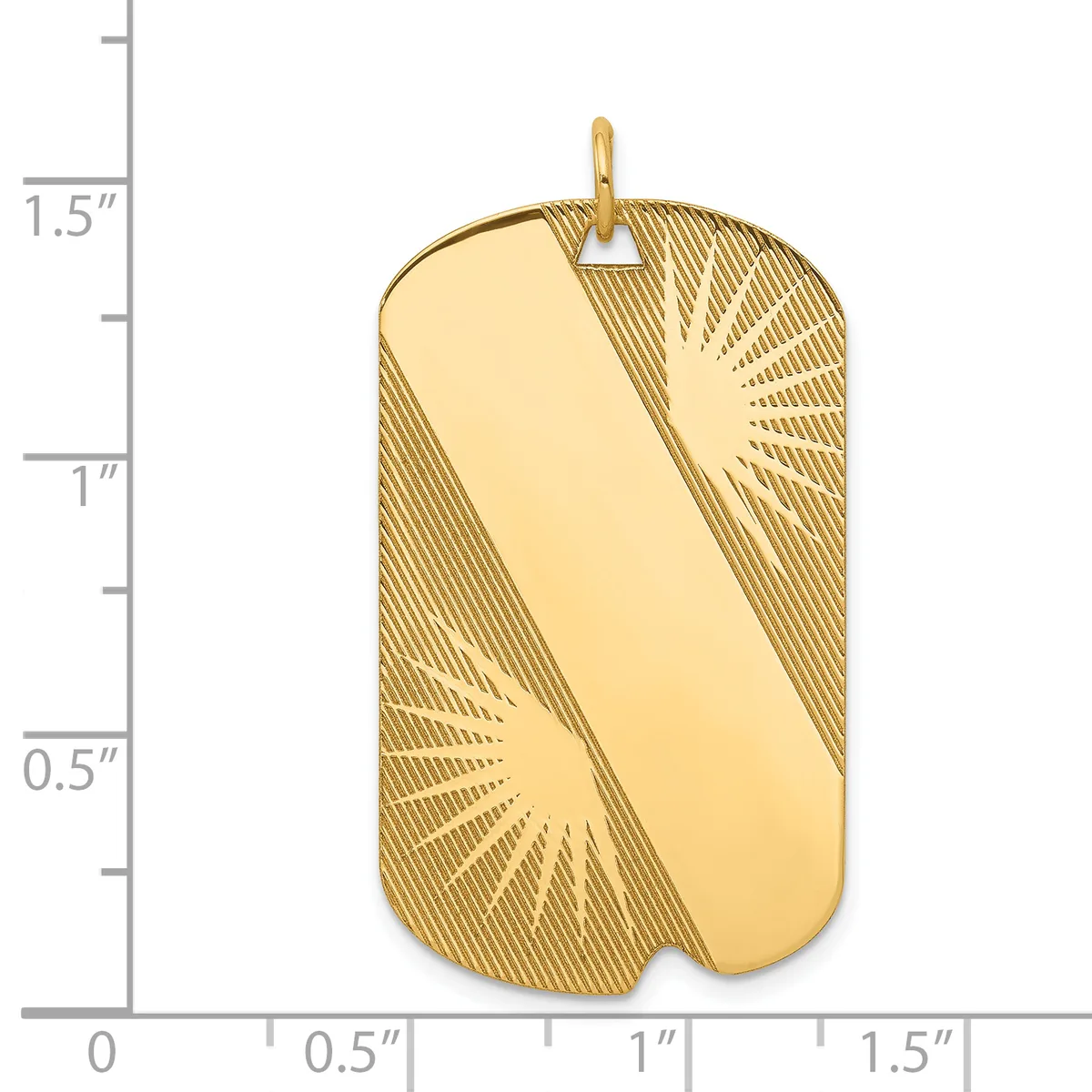 Gold-toned rectangular pendant with textured diagonal stripe pattern on sides and polished center, suspended from a small loop, shown against a measurement scale.