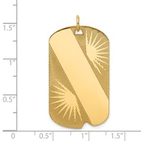 Gold-toned rectangular pendant with textured diagonal stripe pattern on sides and polished center, suspended from a small loop, shown against a measurement scale.