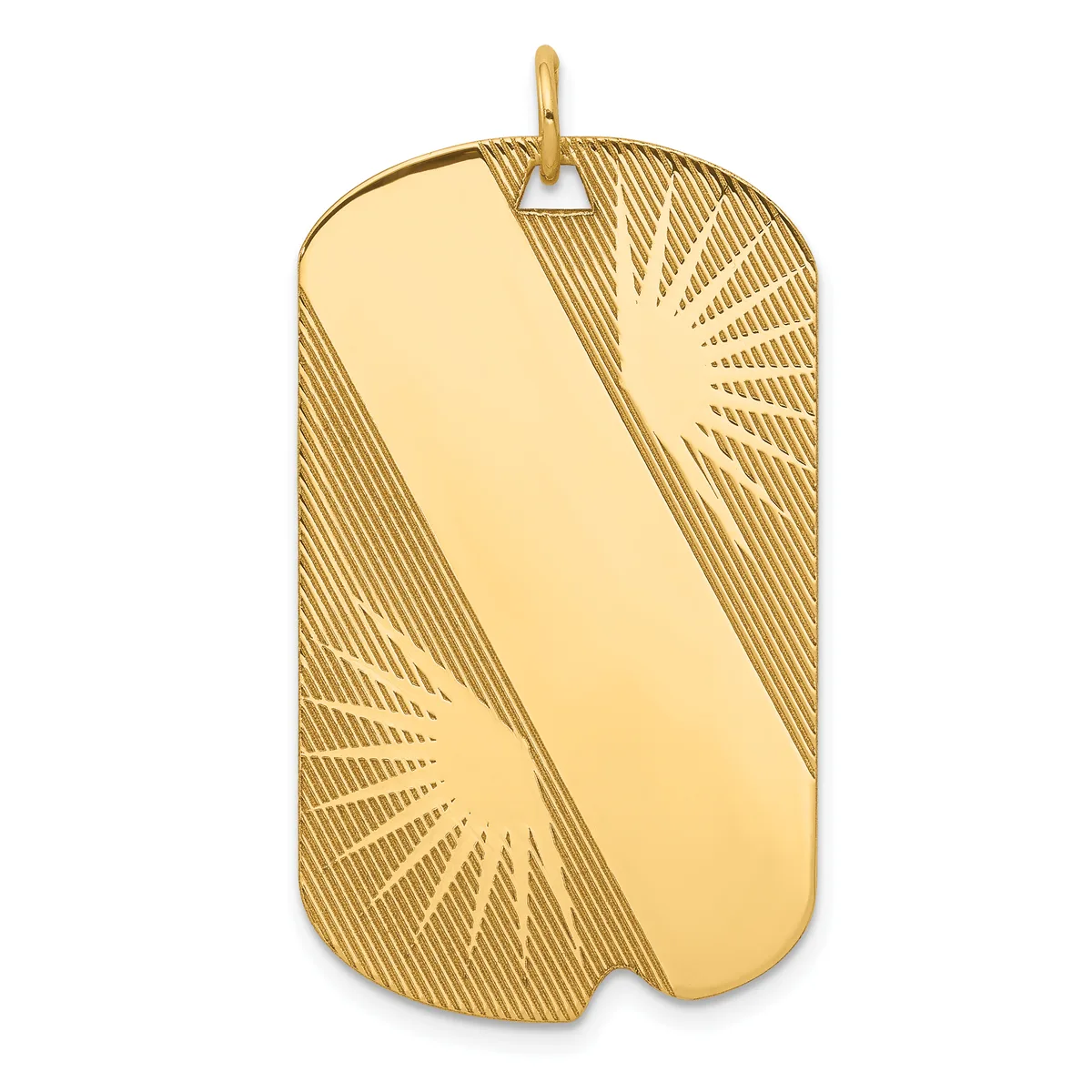 Gold rectangular dog tag pendant with radiating line etchings on the corners and a smooth polished center panel, suspended from a small bail loop.